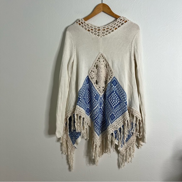 Kaisely Knit Cardigan Fringe Open Front Ivory Blue Pattern Long Sleeve Size S - Picture 4 of 9